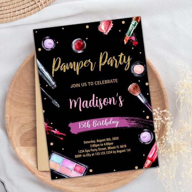 Pink Black Pamper Party Birthday Invitations (Pink Black Pamper Party Birthday Invitations)