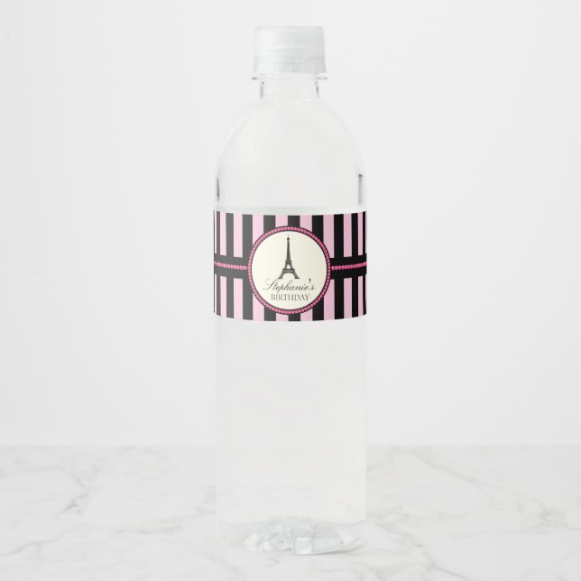 Pink & Black Paris Birthday Party Water Bottle Label (Front)