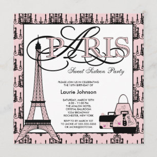 Pink Black Paris Sweet 16 Birthday Party Invitation