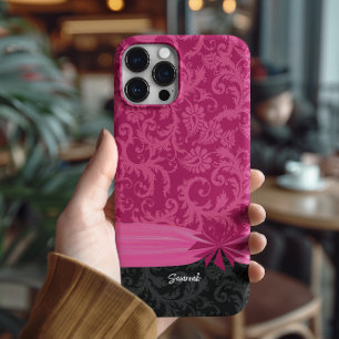 Pink & Black Personalised Damask iPhone Cover- iPhone 16 Pro Case