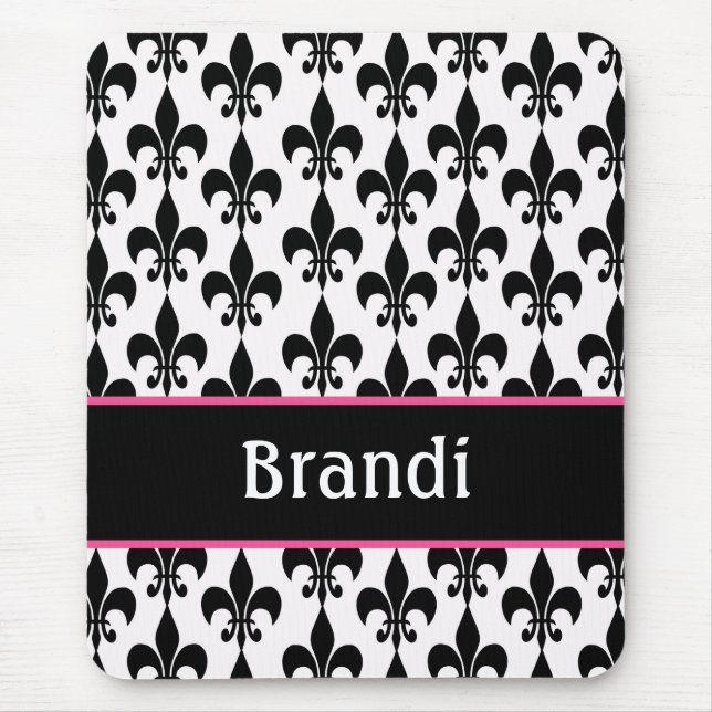 Pink Black Personalised Fleur de Lis Mouse Pad (Front)