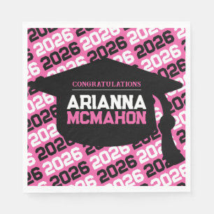 Pink & Black Personalised Graduation Cap Paper Napkin