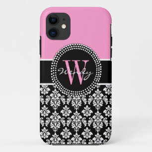 Pink Black Personalised Initial Damask iPhone 11 Case