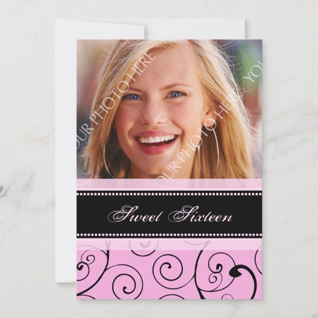 Pink Black Photo 16th Birthday Party Invitations (Front)