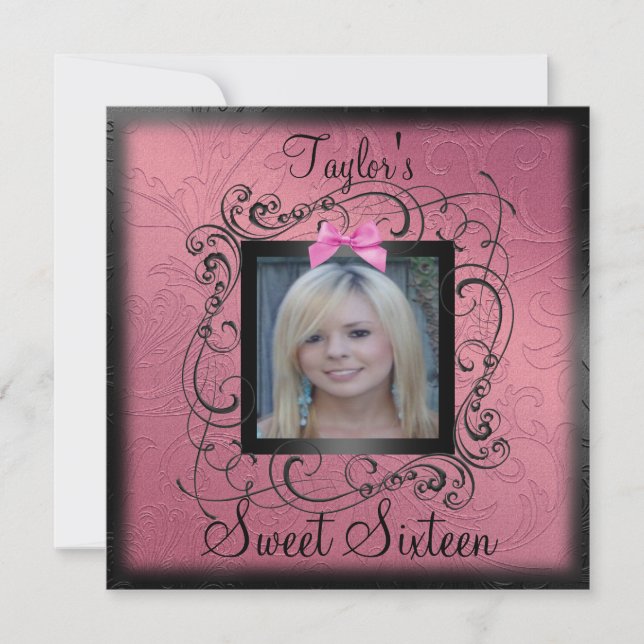 Pink & Black Photo Frame Sweet16 Birthday Invite (Front)