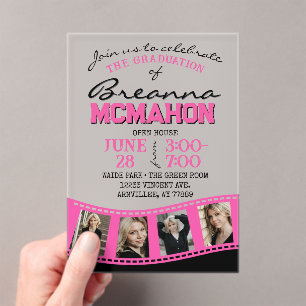 Pink & Black Photo Graduation Filmstrip Frosted Acrylic Invitations