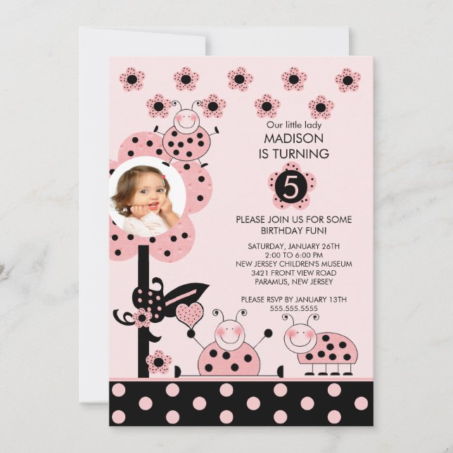 Pink & Black PHOTO Ladybug Birthday Invitation (Front)