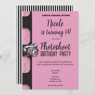 Pink Black Photoshoot Photography Birthday Party Invitation