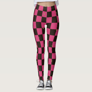 Pink & Black Plaid Halloween Leggings With Stars