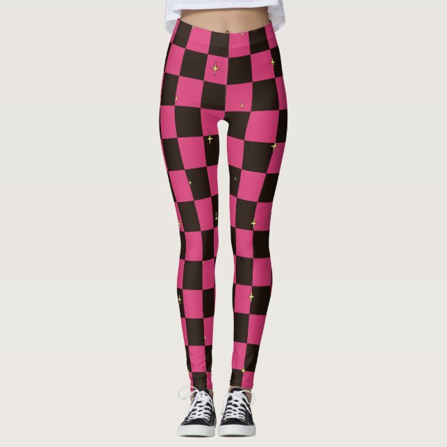 Pink & Black Plaid Leggings With Stars (Front)