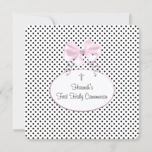 Pink Black Polka Dot Cross Girls First Communion Invitation