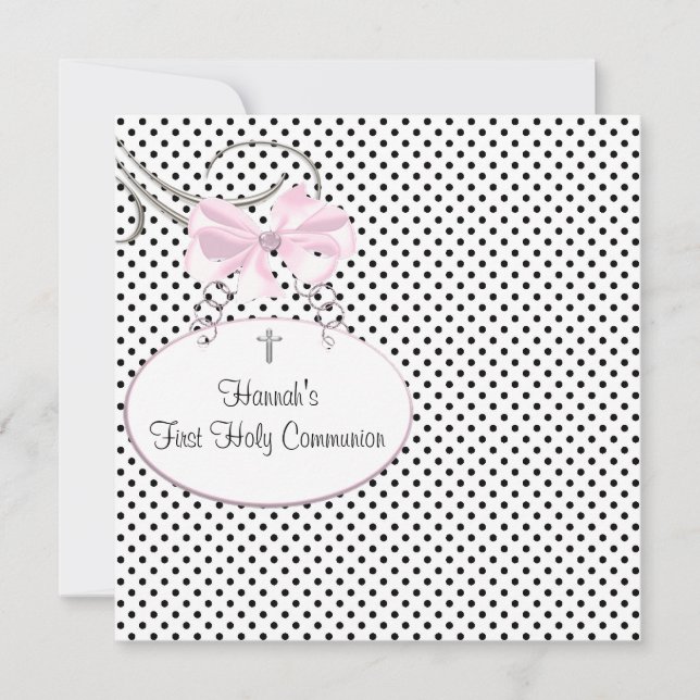 Pink Black Polka Dot Cross Girls First Communion Invitation (Front)