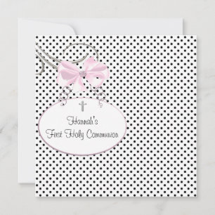 Pink Black Polka Dot Cross Girls First Communion Invitation