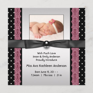 Pink Black Polka Dot Girl Photo Birth Announcement