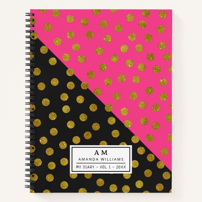 Pink & Black Polka Dot Notebook Gold Detail (Front)