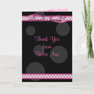 Pink Black Polka Dot Ribbon Bat Mitzvah Thank You Card