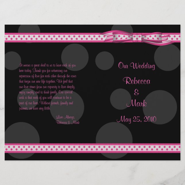 Pink Black Polka Dot Ribbon Bow Wedding Program (Front)