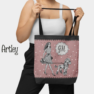 Pink Black Polka Dot Woman Poodle Monogram Initial Tote Bag