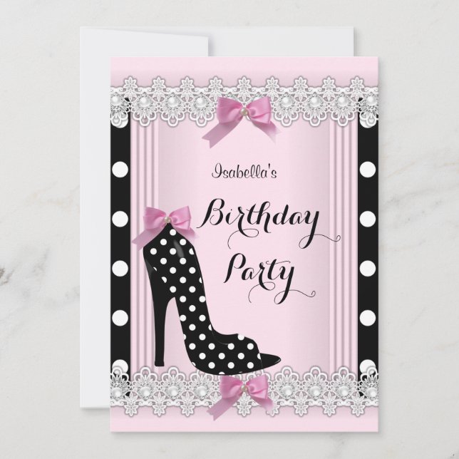 Pink Black Polka Dots High Heel Birthday Party Invitation (Front)