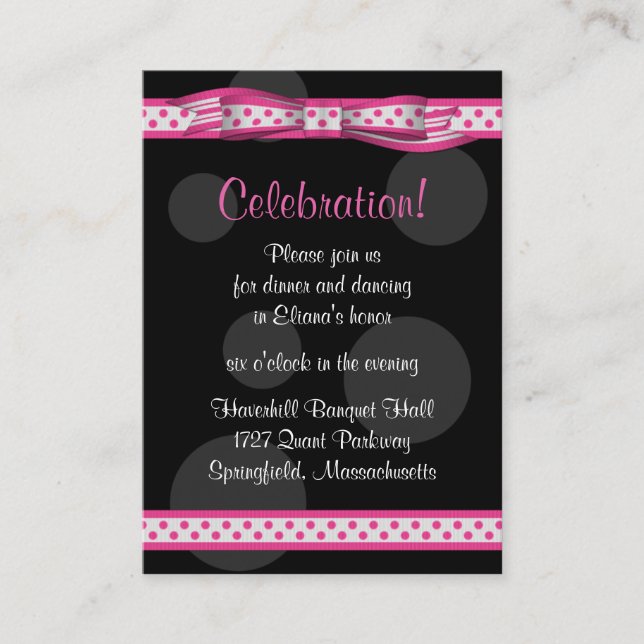 Pink Black Polka Dots Ribbon Bat Mitzvah Reception Enclosure Card (Front)