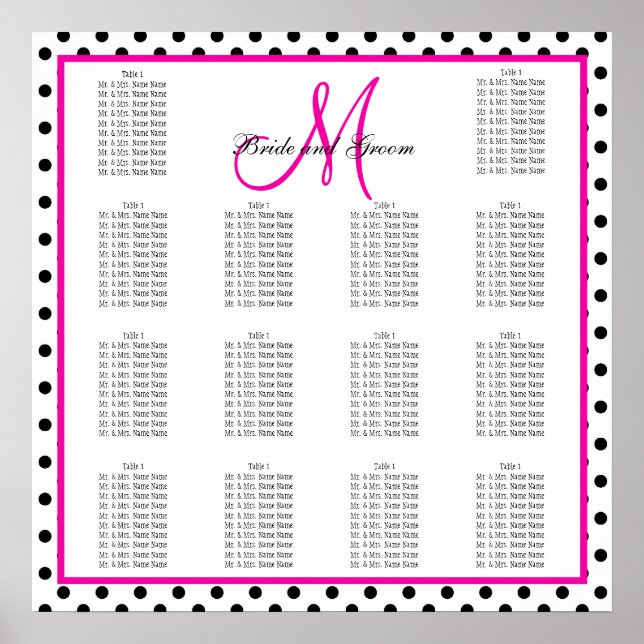 Pink Black Polka Dots Wedding Seating Chart (Front)