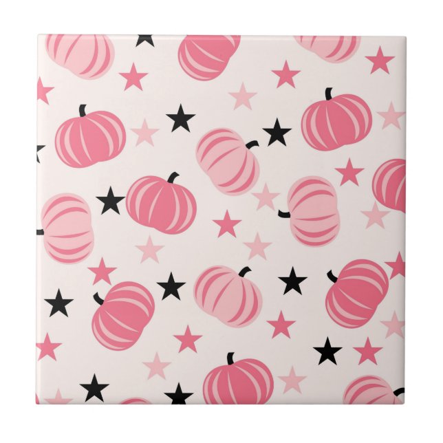 Pink & Black Pumpkin with Stars Halloween & Autumn Ceramic Tile (Front)
