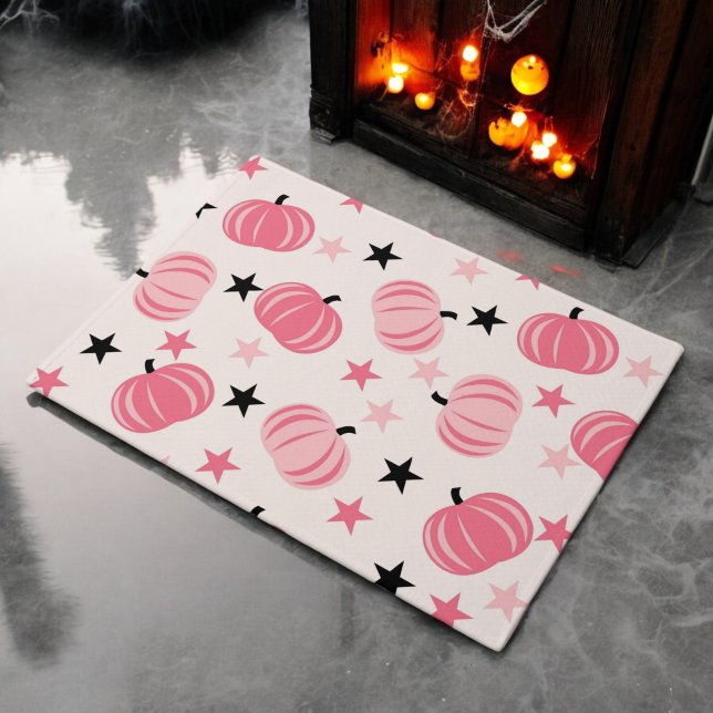 Pink & Black Pumpkin with Stars Halloween & Autumn Doormat (Creator Uploaded)