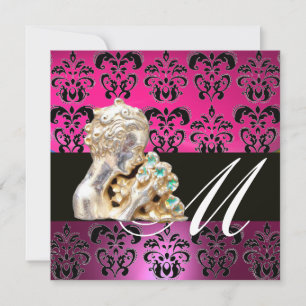 PINK, BLACK, PURPLE,DAMASK JEWEL MONOGRAM  fuchsia Invitation