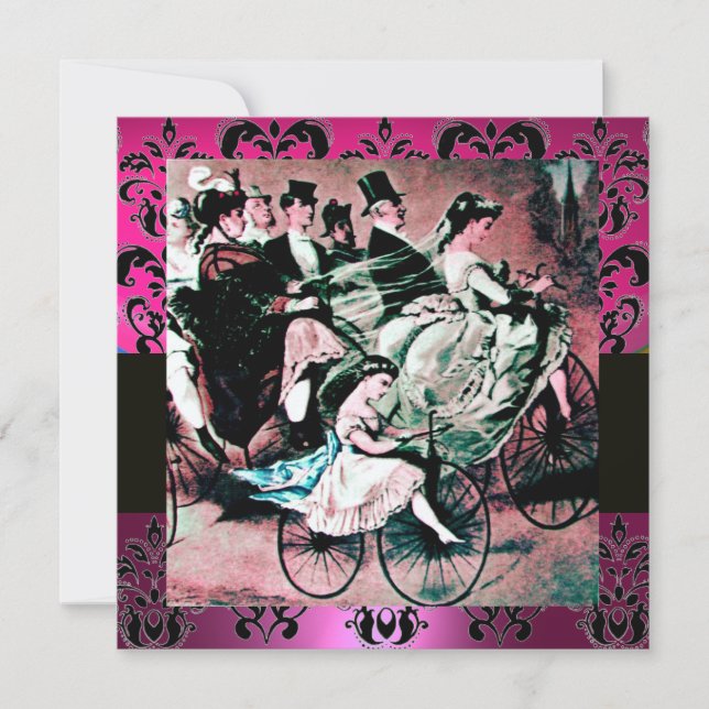 PINK,BLACK,PURPLE DAMASK MONOGRAM ,white, fuchsia Invitation (Front)