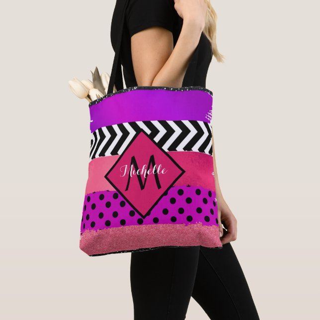 Pink Black Purple Glitter Brush Stroke Monogrammed Tote Bag (Close Up)