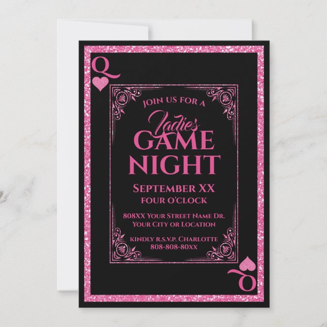 Pink & Black Queen of Hearts Ladies Game Night Invitation (Front)