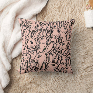 Pink & Black Rabbit Drawing Cute Bunny Pattern Cushion