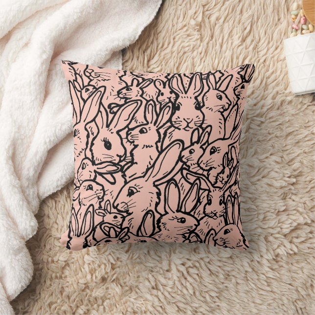 Pink & Black Rabbit Drawing Cute Bunny Pattern Cushion (Blanket)