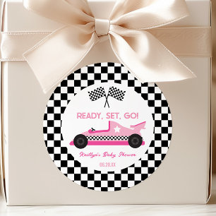 Pink Black Race Car Ready Set Go Baby Shower Favou Classic Round Sticker