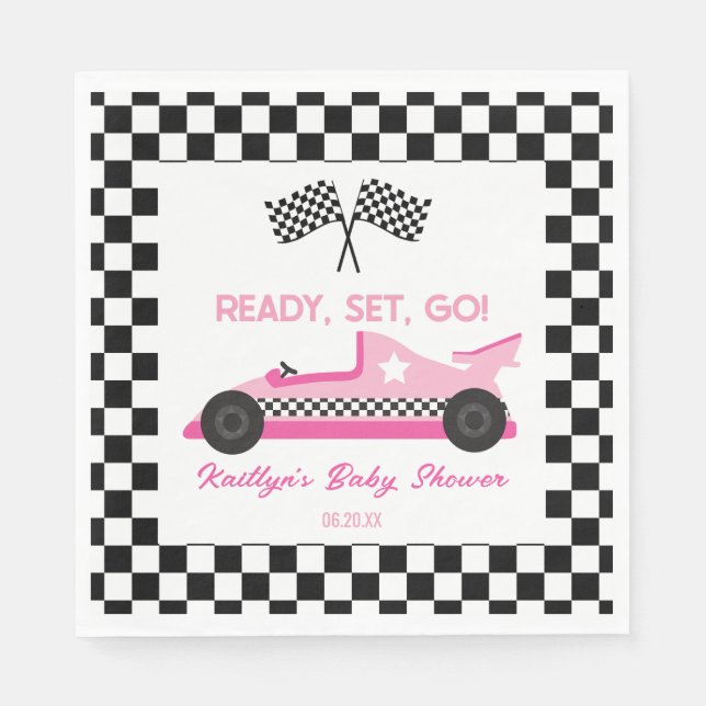 Pink Black Race Car Ready Set Go Baby Shower Napkin (Front)
