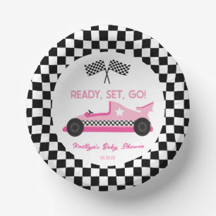 Pink Black Race Car Ready Set Go Baby Shower Paper Plate