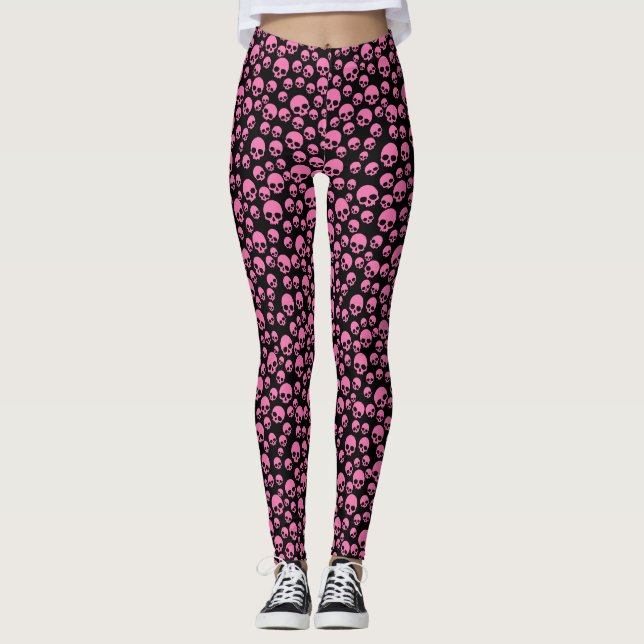 Pink Black Random Skulls Pattern Leggings (Front)