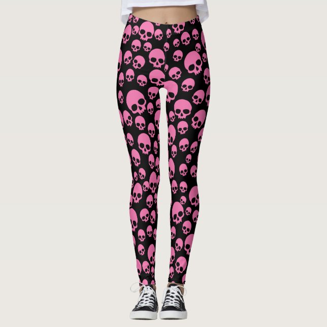 Pink Black Random Skulls Pattern Leggings (Front)