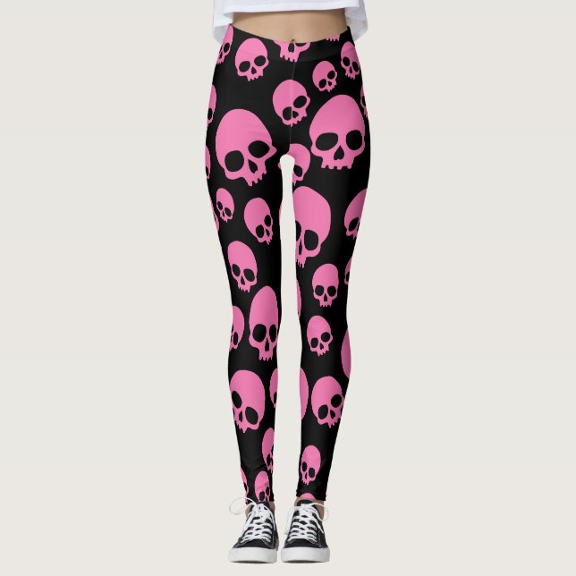 Pink Black Random Skulls Pattern Leggings (Front)