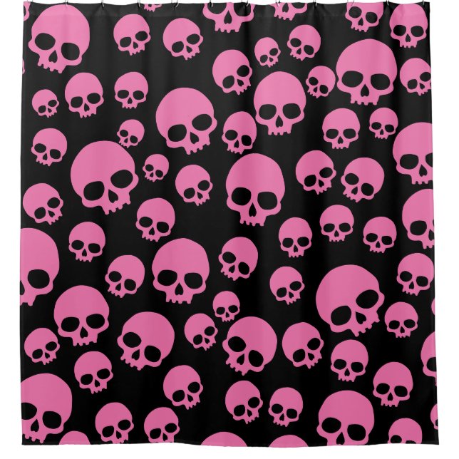 Pink Black Random Skulls Pattern Shower Curtain (Front)