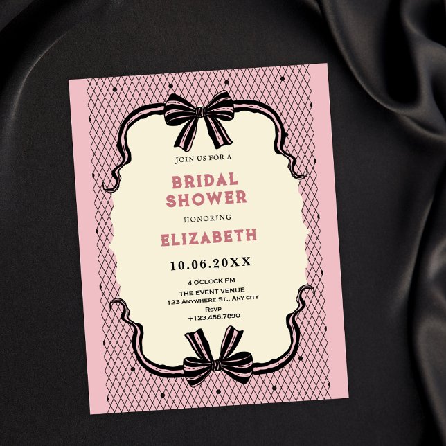 Pink black retro bow bridal shower invitation (Creator Uploaded)