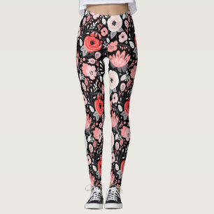 Pink Black Retro Flower Leggings