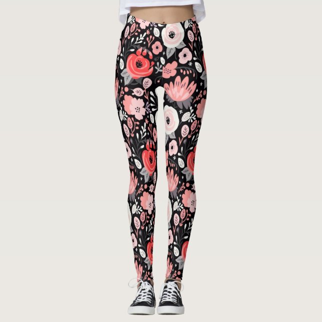 Pink Black Retro Flower  Leggings (Front)