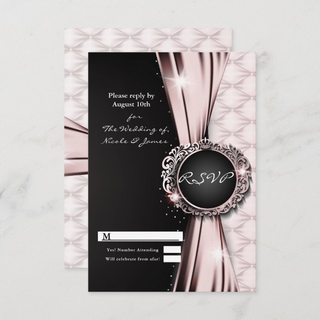 Pink Black Ribbon Glam Luxury Wedding RSVP Reply  Invitation (Front/Back)