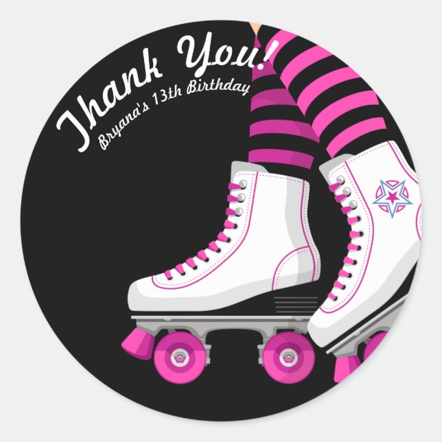 Pink & Black Roller Skate Skating Birthday Party Classic Round Sticker (Front)