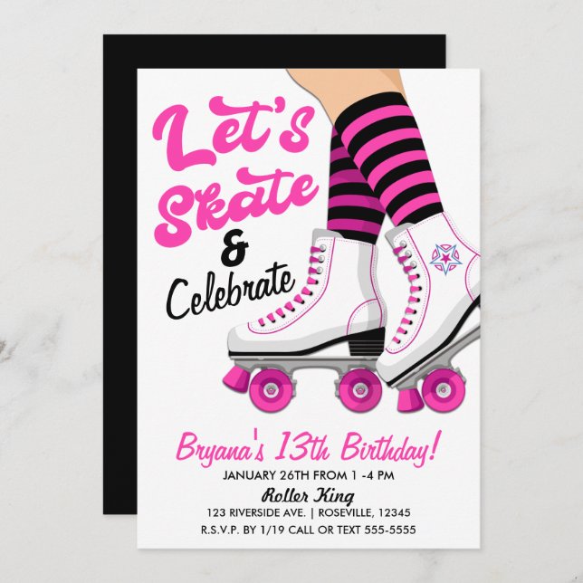Pink & Black Roller Skate Skating Birthday Party Invitation (Front/Back)