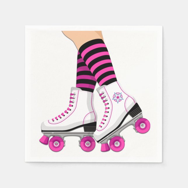 Pink & Black Roller Skate Skating Birthday Party Napkin (Front)
