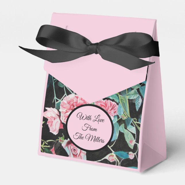 Pink Black Rose Floral Wedding Cake Favour Box (Front Side)