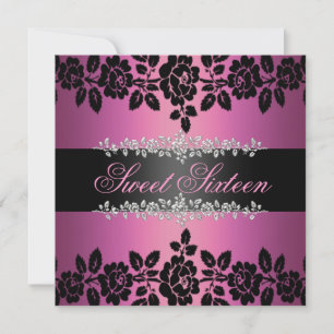 Pink & Black Rose Sweet 16 Birthday Invitation