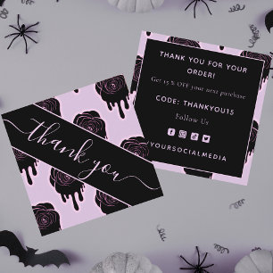 Pink Black Roses Drip Dripping Halloween Thank You Square Business Card